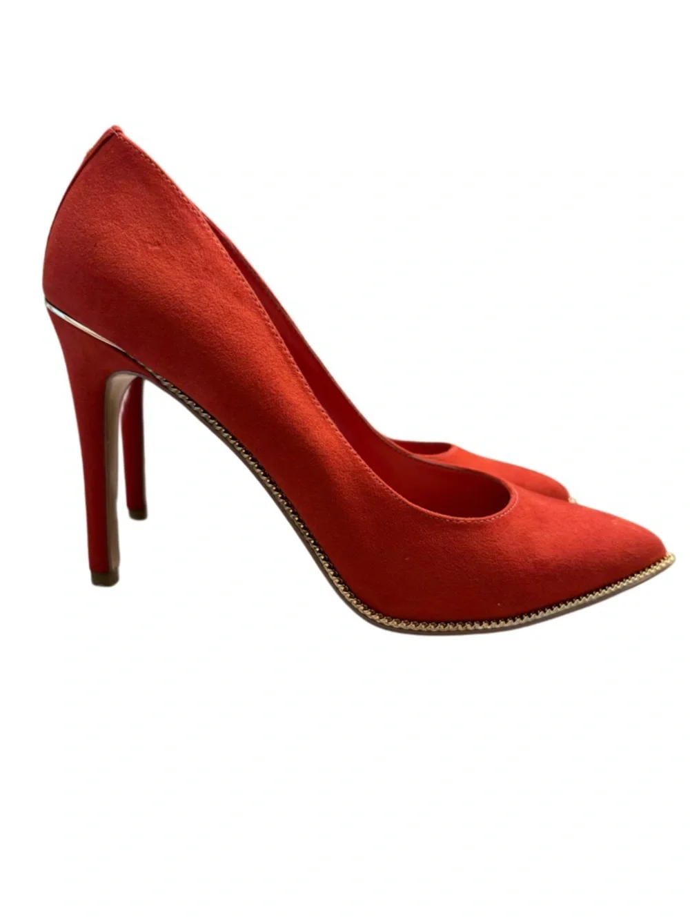 BCBGeneration RED SUEDE POINTED TOE PUMPS WITH GOLD TRIM